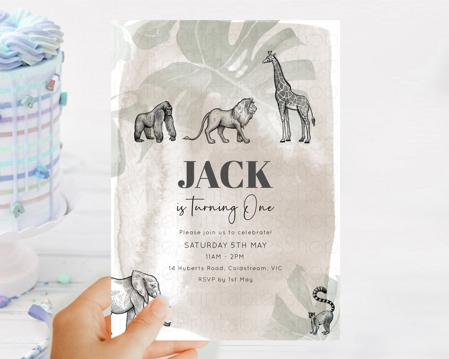 Safari Birthday Invitation Lion Gorilla Elephant Rhino Tropical Palm Jungle Safari Adventure Zoo Party Animal 2nd 1st First Birthday D10822