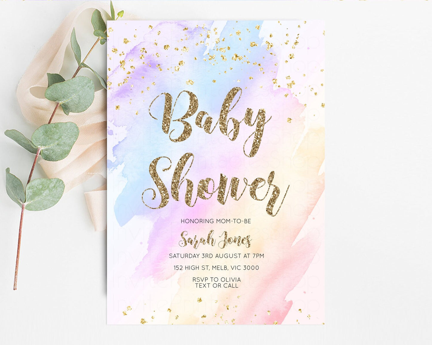 Rainbow Baby Shower Invitation Pastel Baby Shower Invitation Watercolor Ombre Invitation Rainbow Pastel Colors Invite Glitter Confetti g600