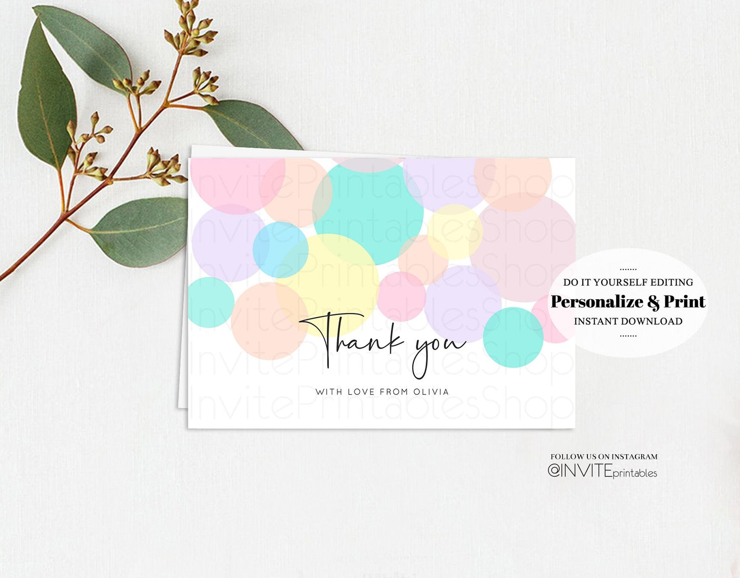 Pastel Rainbow Watercolor Thank You Card Colorful Paint Custom Message Kids Birthday Baby Shower Guest Gift Flat Postcard Printable Template