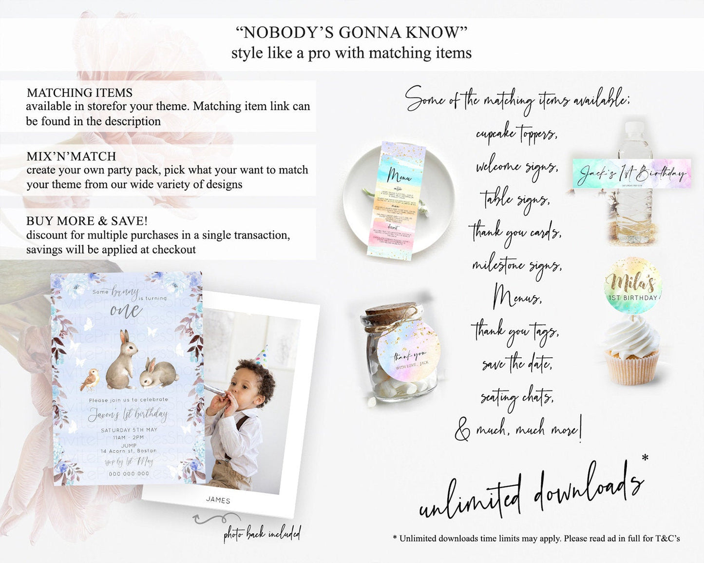 Bunny Birthday Invitation Floral Bunny Invitation Pastel Bunny Invites Pastel Watercolor Woodland Bunny Party 2nd 1st First Birthday D10923