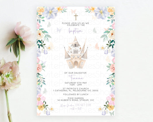 Princess Baptism Invitation Enchanted Castle Baptism 1st Birthday Invitation Royal Party Pastel Floral Secret Garden Christening D10473