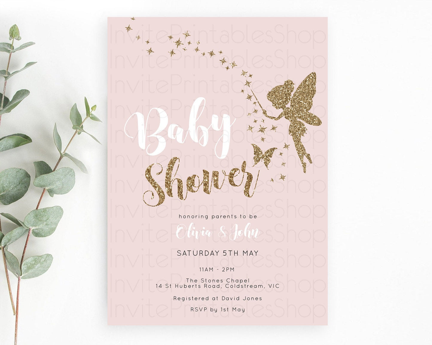 Fairy Baby Shower Invitation: Pastel Pink Tea Party, Secret Garden with Butterflies, Pixie - Enchanted Pink and Gold Glitter D10899