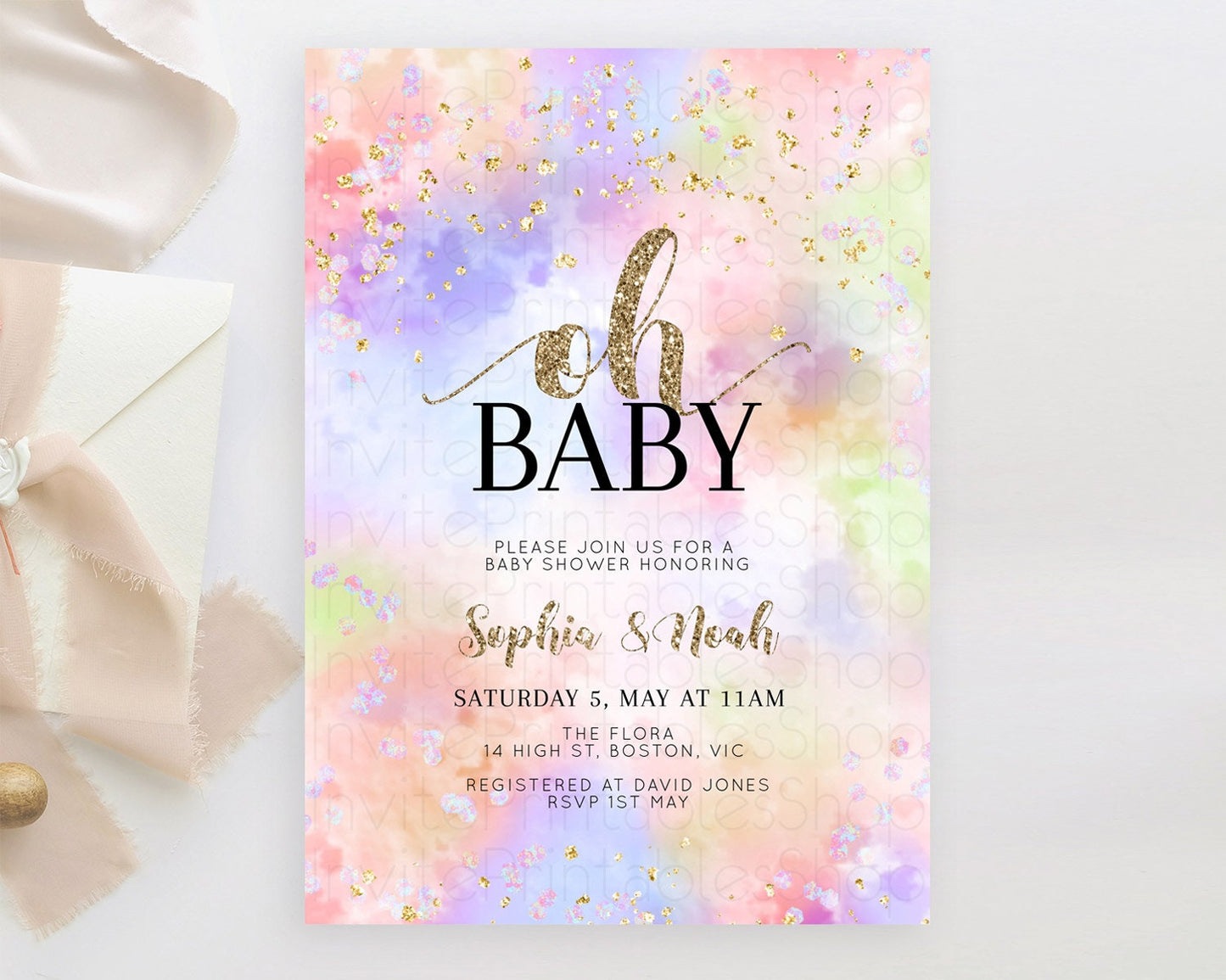 Pastel Baby Shower Invitation Rainbow Baby Shower Invitation Colorful Pastel Watercolor Invitation Gold Glitter Sprinkles Ombre D11019