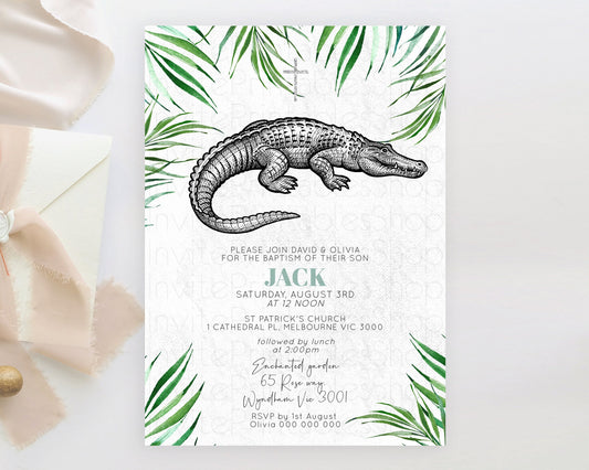 Crocodile Baptism Invitation Alligator Baptism 1st Birthday Invitation Later Alligator Swamp Safari Crocodile Christening Invitation D10847