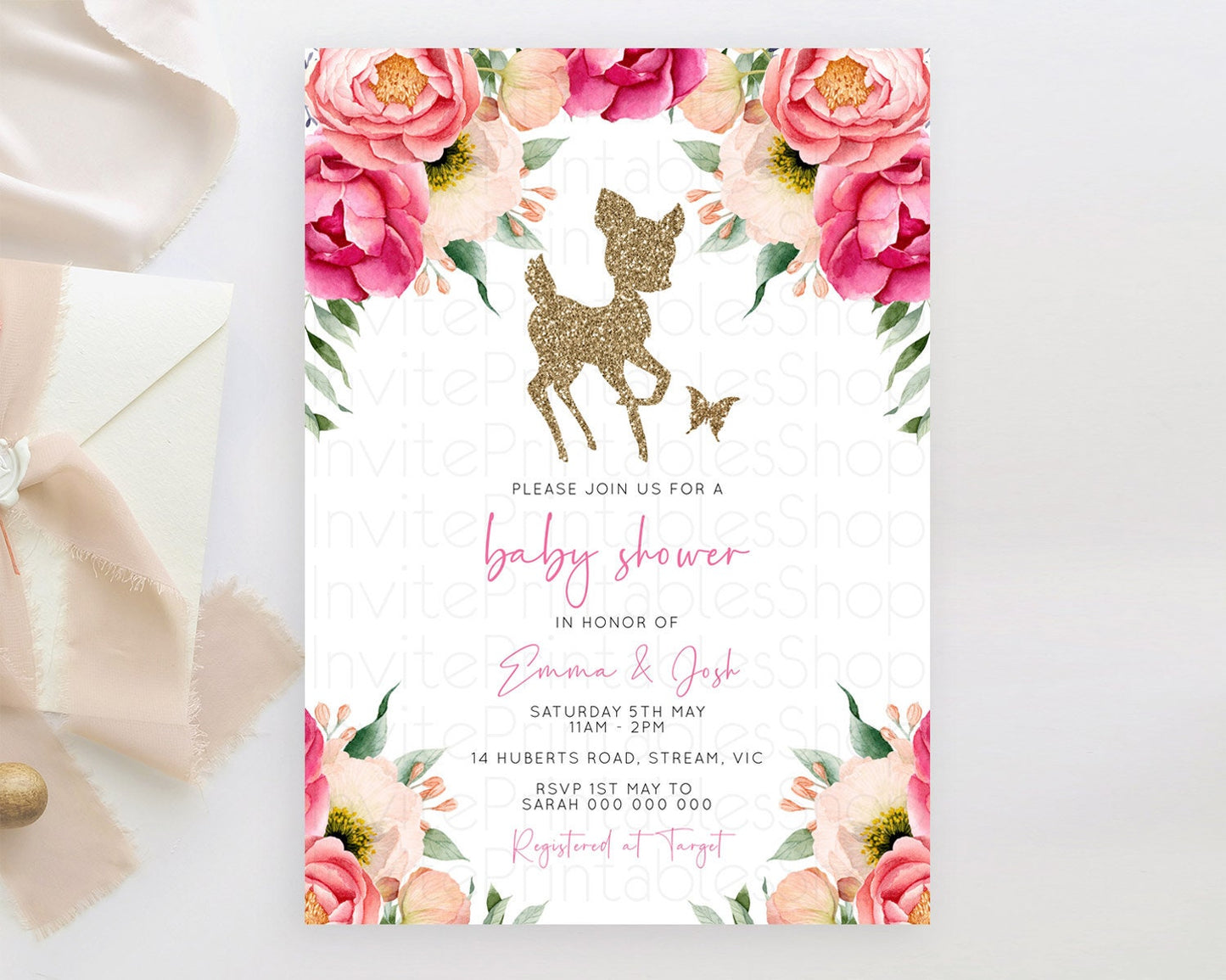 Fawn Baby Shower Invitation Deer Baby Shower Invites Enchanted Forest Theme Butterfly Pastel Flowers Whimsical Baby Shower D10326