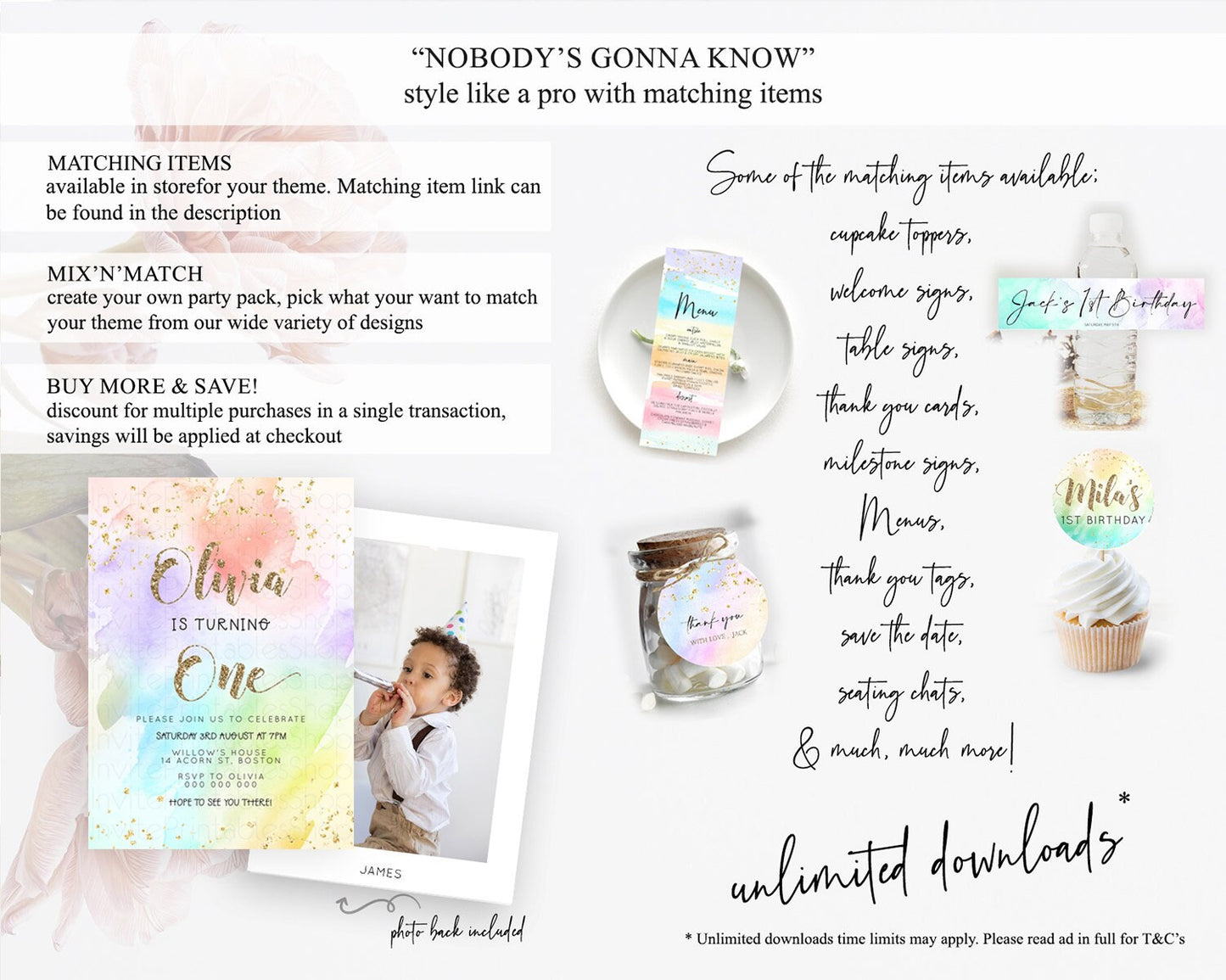 Rainbow Birthday Invitation Colorful Pastel Watercolor Invitation Gold Glitter Sprinkles Ombre Pastel 1st 2nd 3rd Birthday D23302