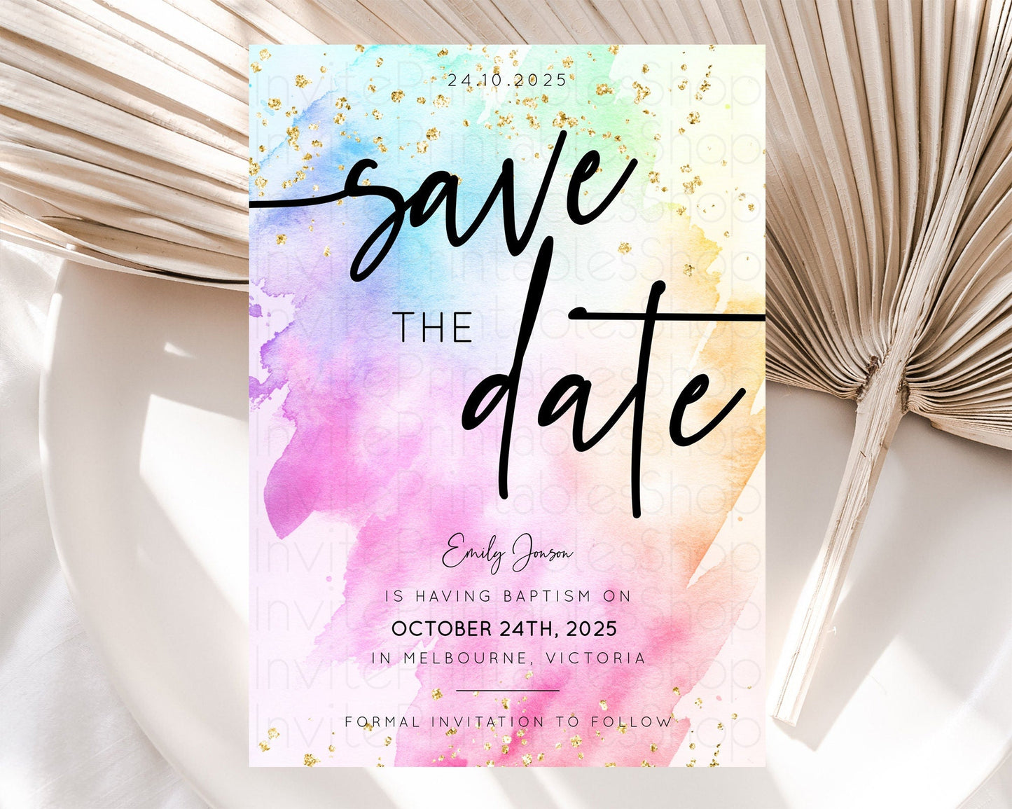 Pastel Save The Date Template Pastel Ombre Rainbow Watercolor Colorful Party For Birthday Baptism Baby Shower Wedding Bridal Shower D10449