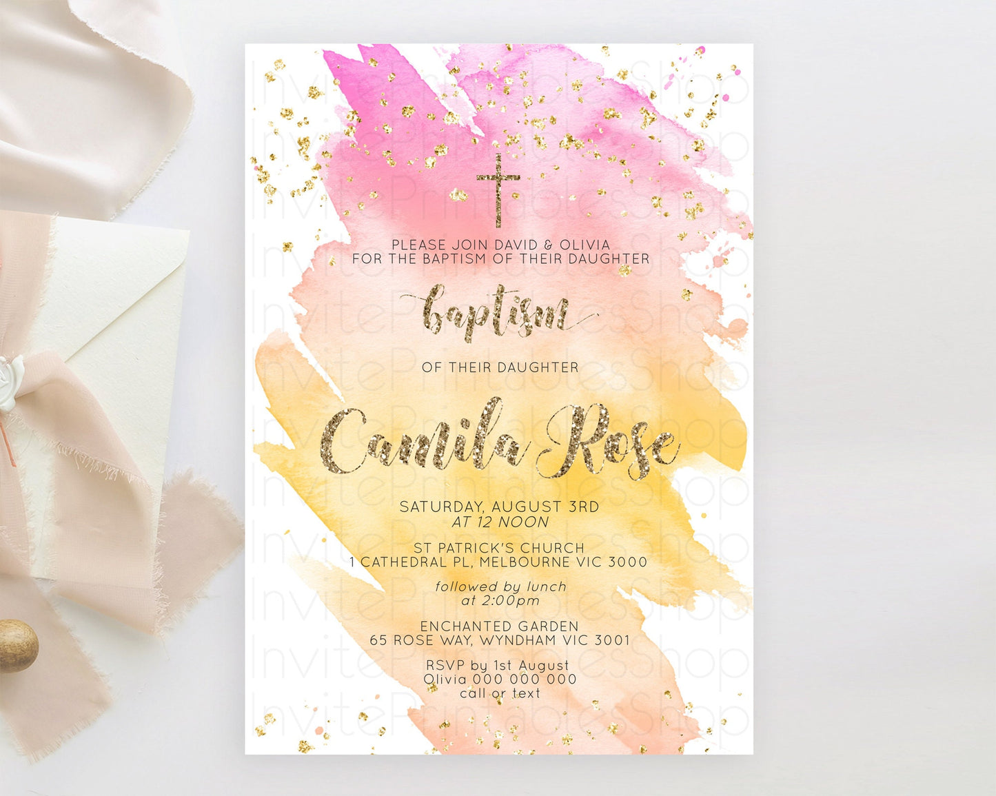 Pastel Baptism Invitation Pastel Colors Watercolor Baptism 1st Birthday Party Gold Ombre Pastel Rainbow Christening Holy Communion D10526