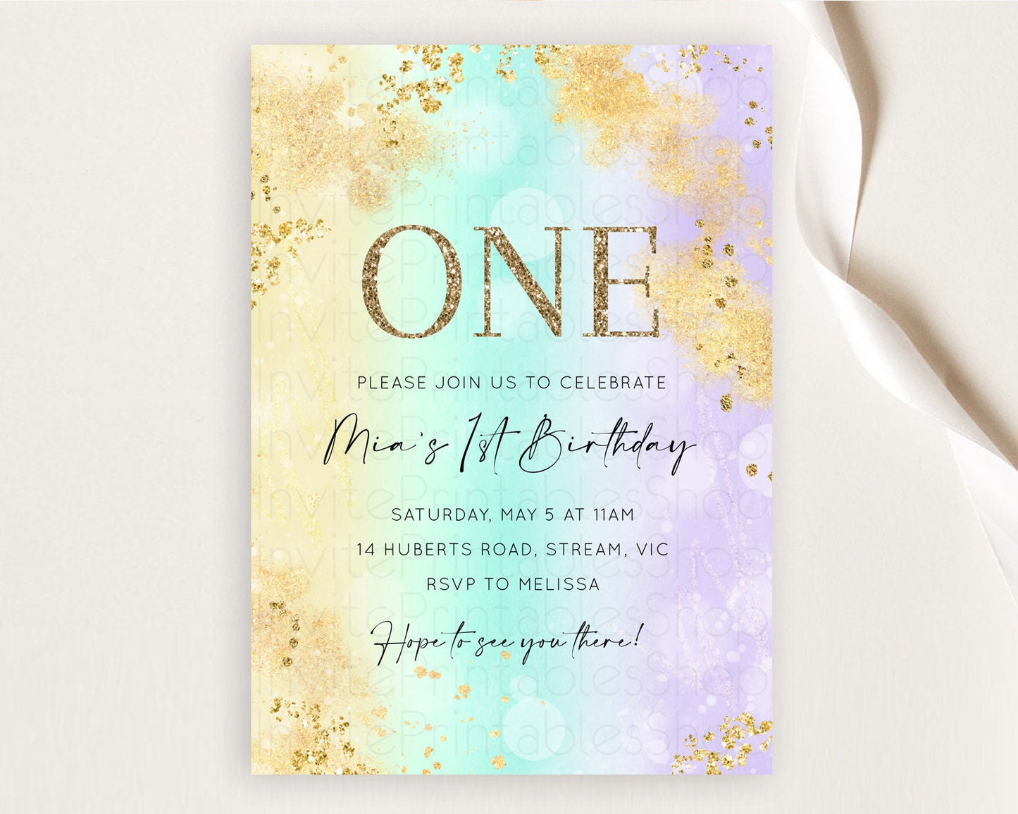 Rainbow Birthday Invitation Colorful Pastel Watercolor Invitation Gold Glitter Sprinkles Ombre Pastel 1st 2nd 3rd Birthday D10672