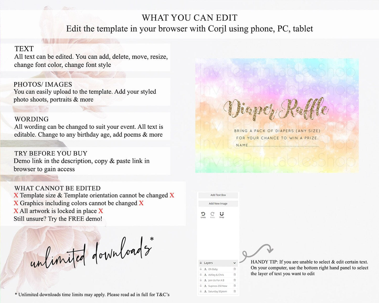 Pastel Diaper Raffle Card Pastel Rainbow Diaper Raffle Insert Colorful Ombre Watercolor Diaper Ticket Confetti Glitter Raffle Game D10648