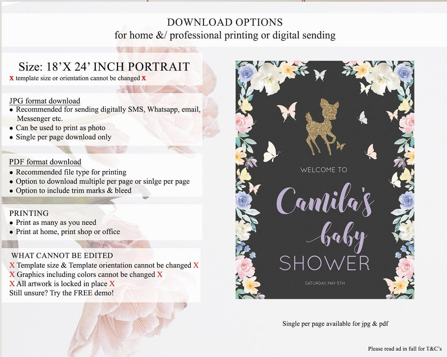 Fawn Baby Shower Welcome Sign Deer Welcome Board Floral Deer Welcome Poster Enchanted Forest Butterfly Pastel Floral Welcome Sign D10880