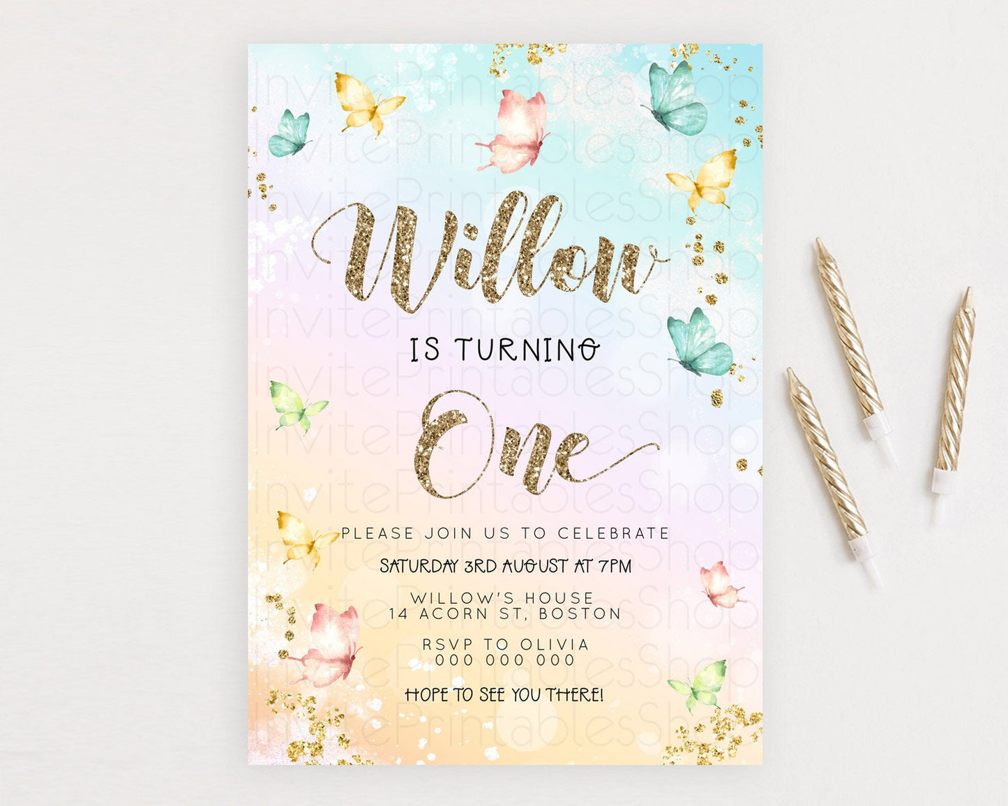 Pastel Butterfly Birthday Invitation Butterfly Birthday Invitation Colorful Splash Glitter Butterfly Garden 1st 2nd Birthday D23080