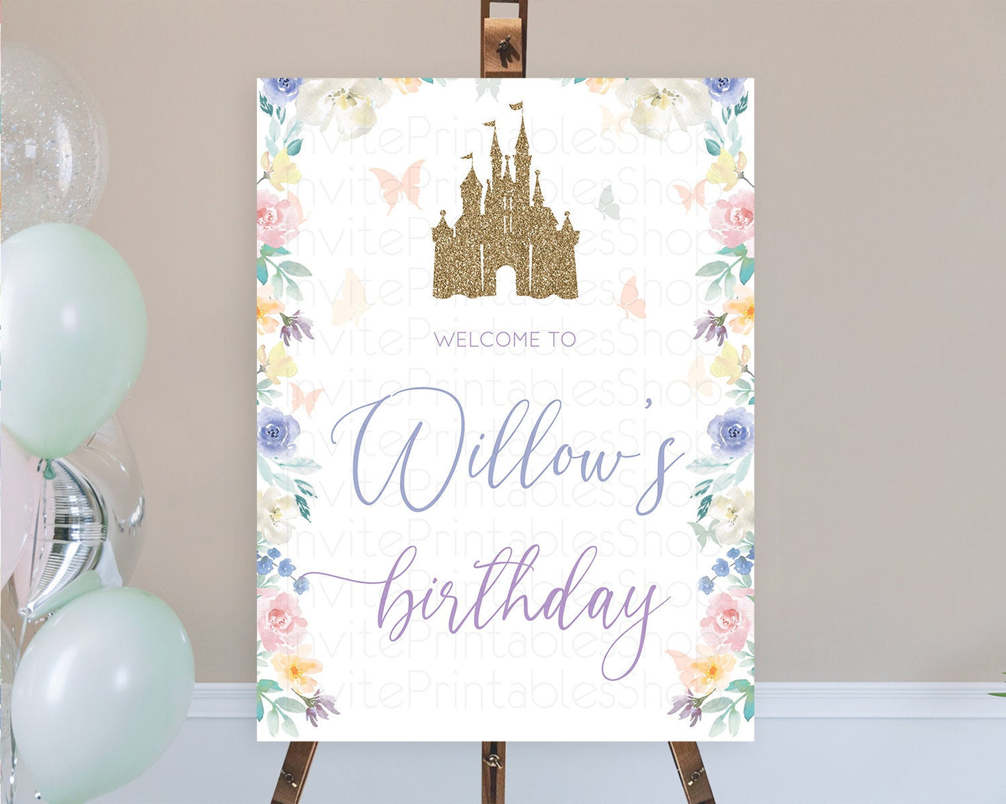 Princess Birthday Welcome Sign Castle Welcome Board Secret Garden Enchanted Castle Pastel Floral Garden First Birthday Welcome Sign D10931