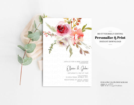 Editable Floral Baby Shower Invitation Red Boho Garden Leaf Watercolor Color