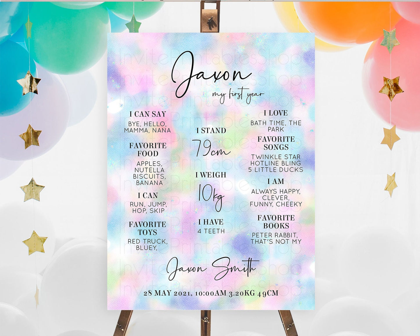 Pastel First Birthday Milestone Board Pastel Rainbow Milestone Poster Colorful Confetti Watercolor Glitter 1st Birthday Welcome Sign D10694
