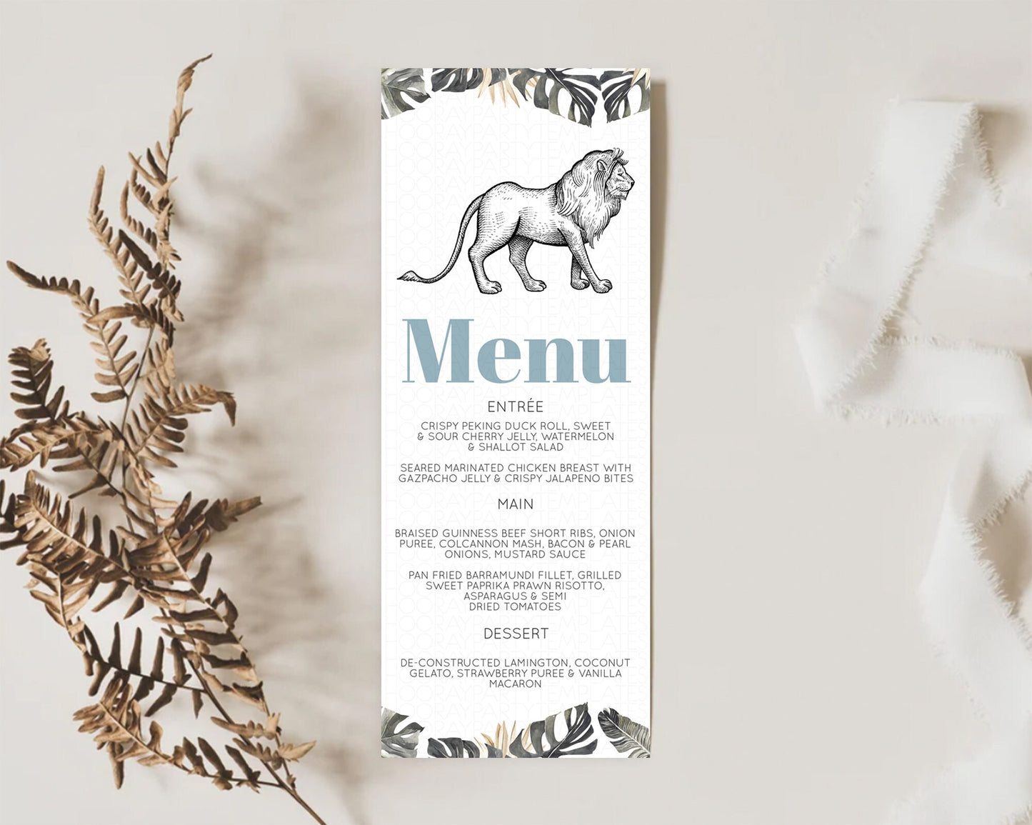 Lion Menu Lion Menu Template Lion Party Table Decor Safari Adventure Lion Menu Dried Palm Fern Lion Dinner Dessert Party Food Menu D10807