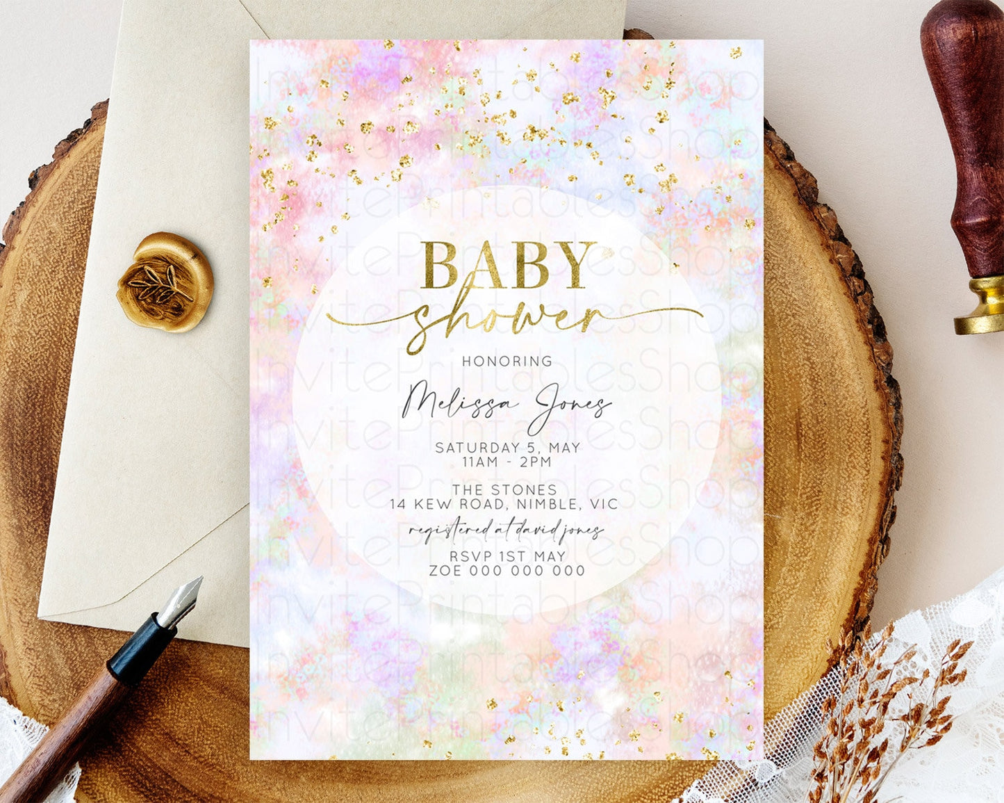 Pastel Baby Shower Invitation Rainbow Baby Shower Invitation Colorful Pastel Watercolor Invitation Gold Glitter Sprinkles Ombre D10649