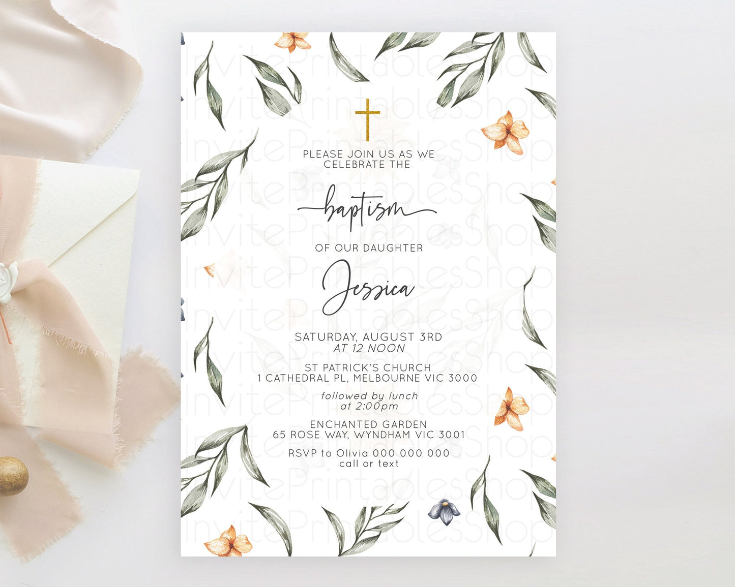 Leafy Baptism Invitation Leafy Simple Greenery Baptism 1st Birthday Invitation Eucalyptus Fern Spray Leaves Green Leaf Watercolour D10544