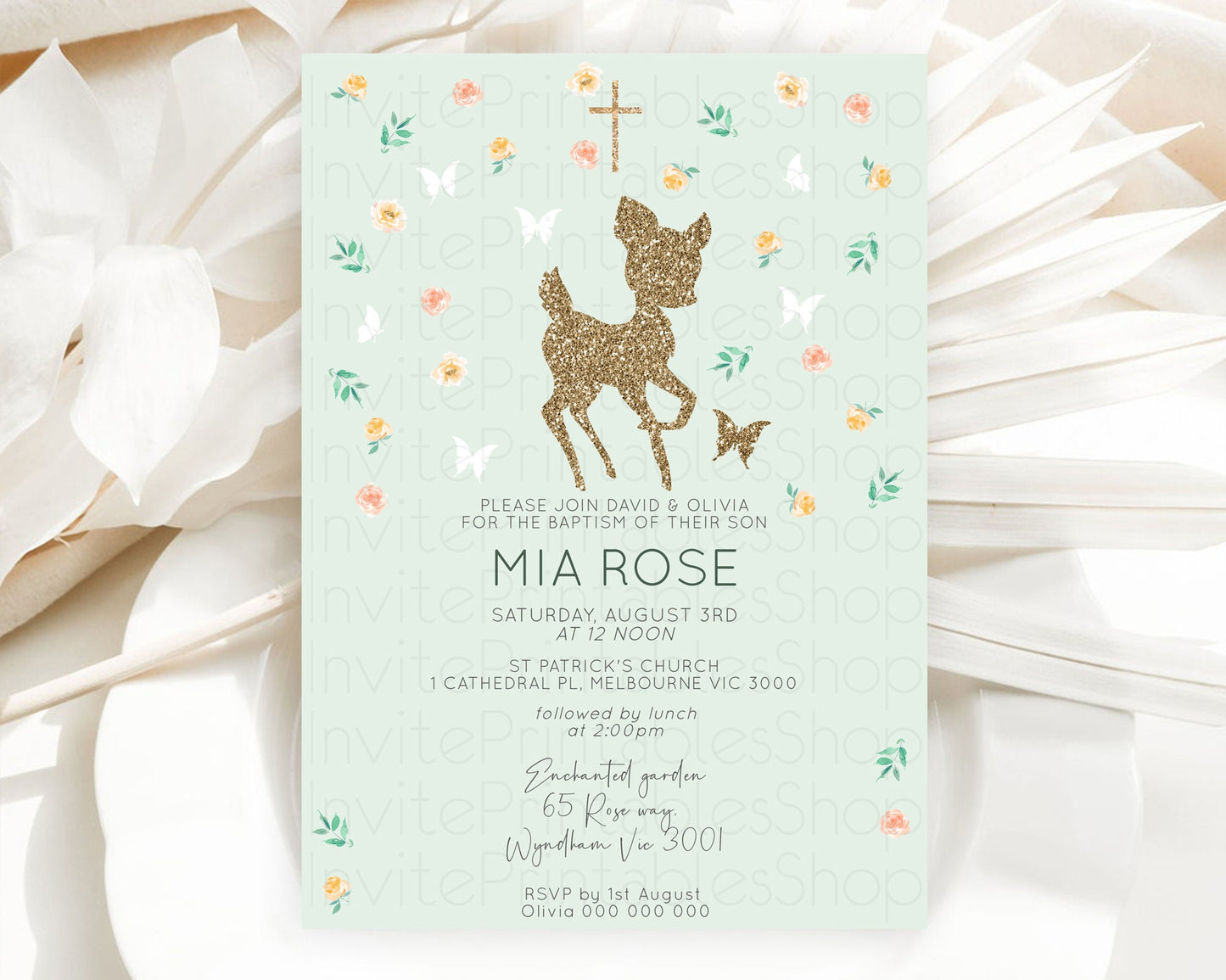 Fawn Baptism Invitation Deer Baptism 1st Birthday Invitation Enchanted Forest Christening Invitation Pastel Garden Butterfly Floral D10385