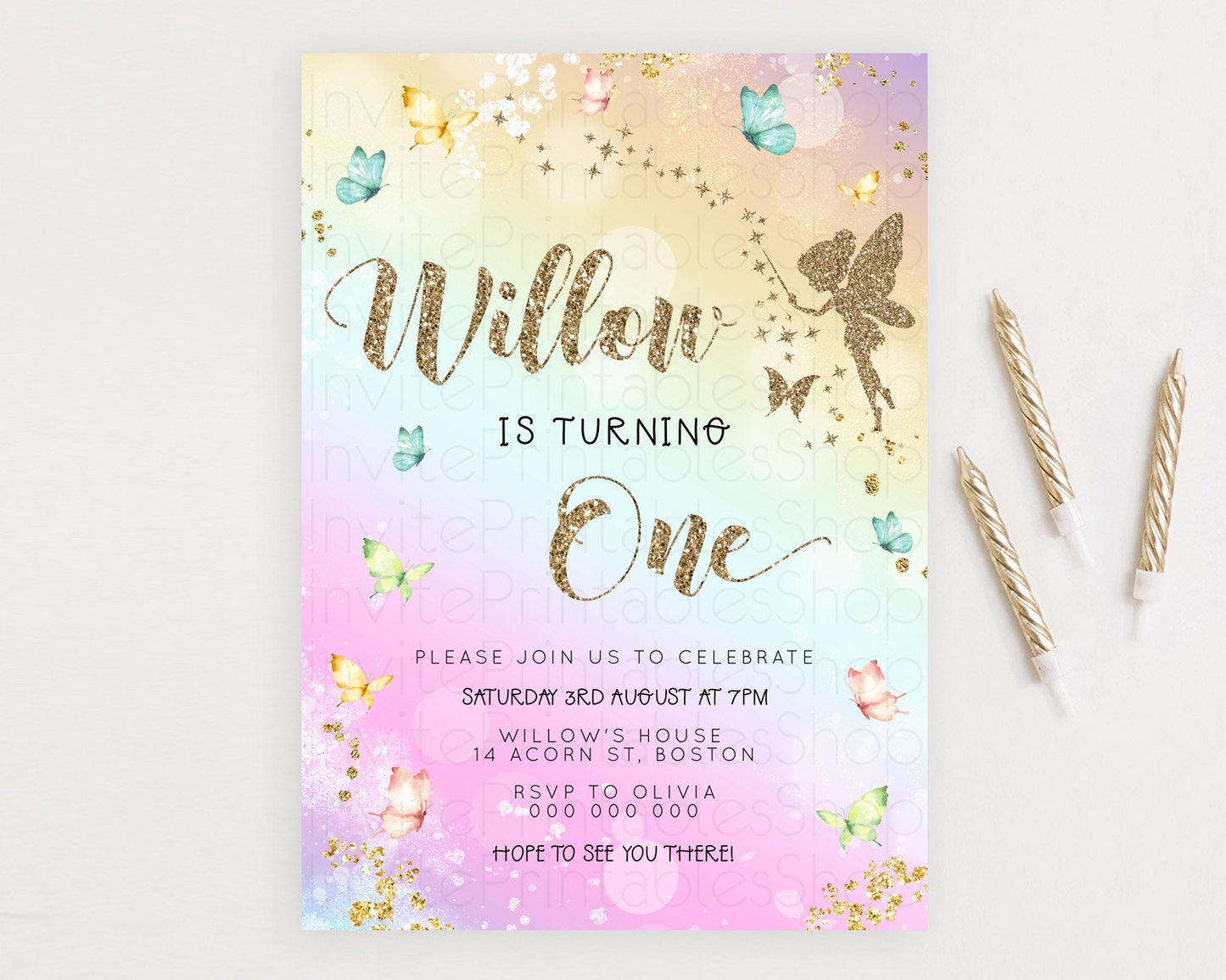 Pastel Fairy Birthday Invitation Pastel Butterflies Fairy Birthday Invitation Rainbow Ombre Watercolor 1st 2nd Birthday Invitation D23155