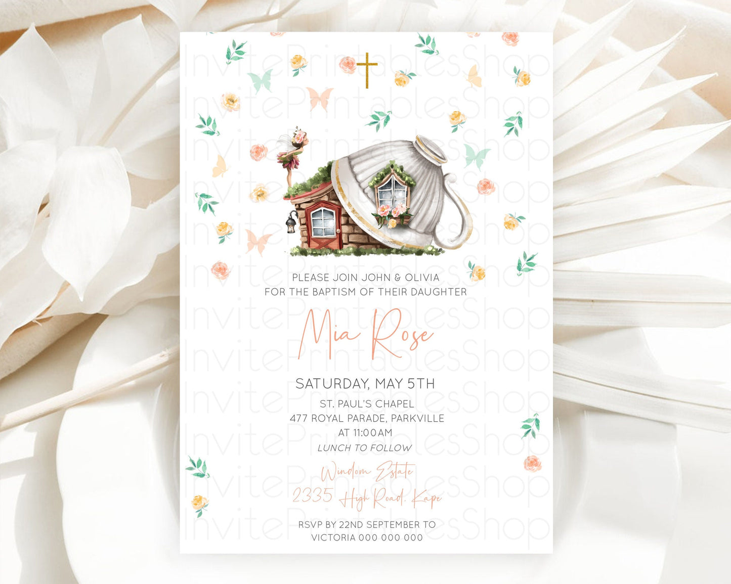 Fairy Baptism Invitation Fairy Baptism 1st Birthday Invitation Enchanted Secret Garden Christening Invite Pastel Floral Butterfly D10383