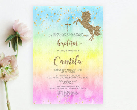 Unicorn Rainbow Baptism Invitation Pastel Baptism Birthday Invitation Magical Ombre Christening Invite Colorful Watercolor Glitter D10499