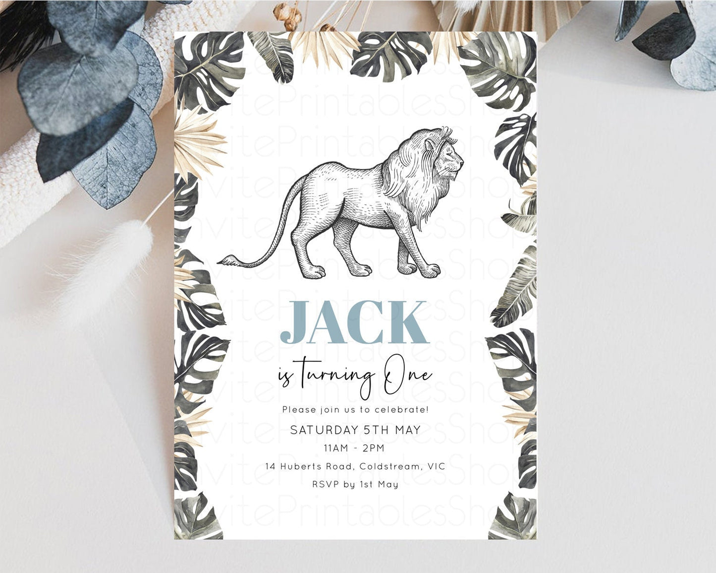 Lion Birthday Invitation Lion Invitation Tropical Palms Invitation Jungle Safari Adventure Zoo Party Wild Party Animal 1st 2nd 3rd p249