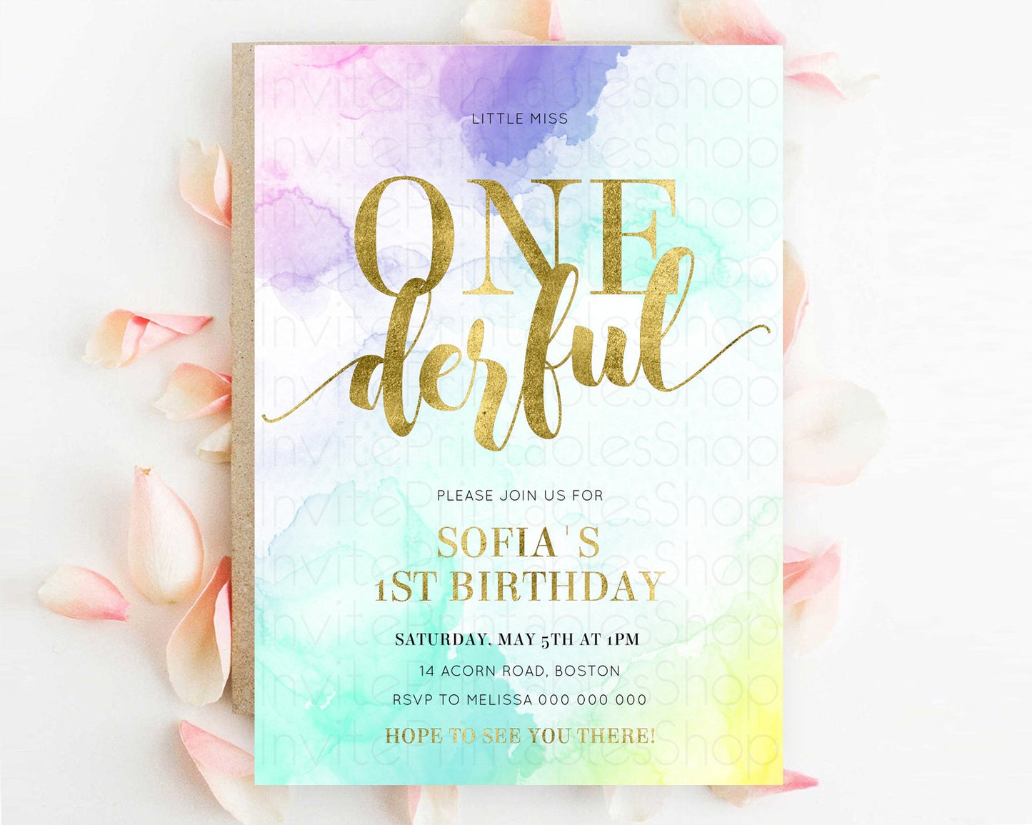 ONEderful Rainbow Birthday Invitation Colorful Pastel Watercolor Invitation Gold Glitter Sprinkles Ombre Pastel 1st Birthday D11024