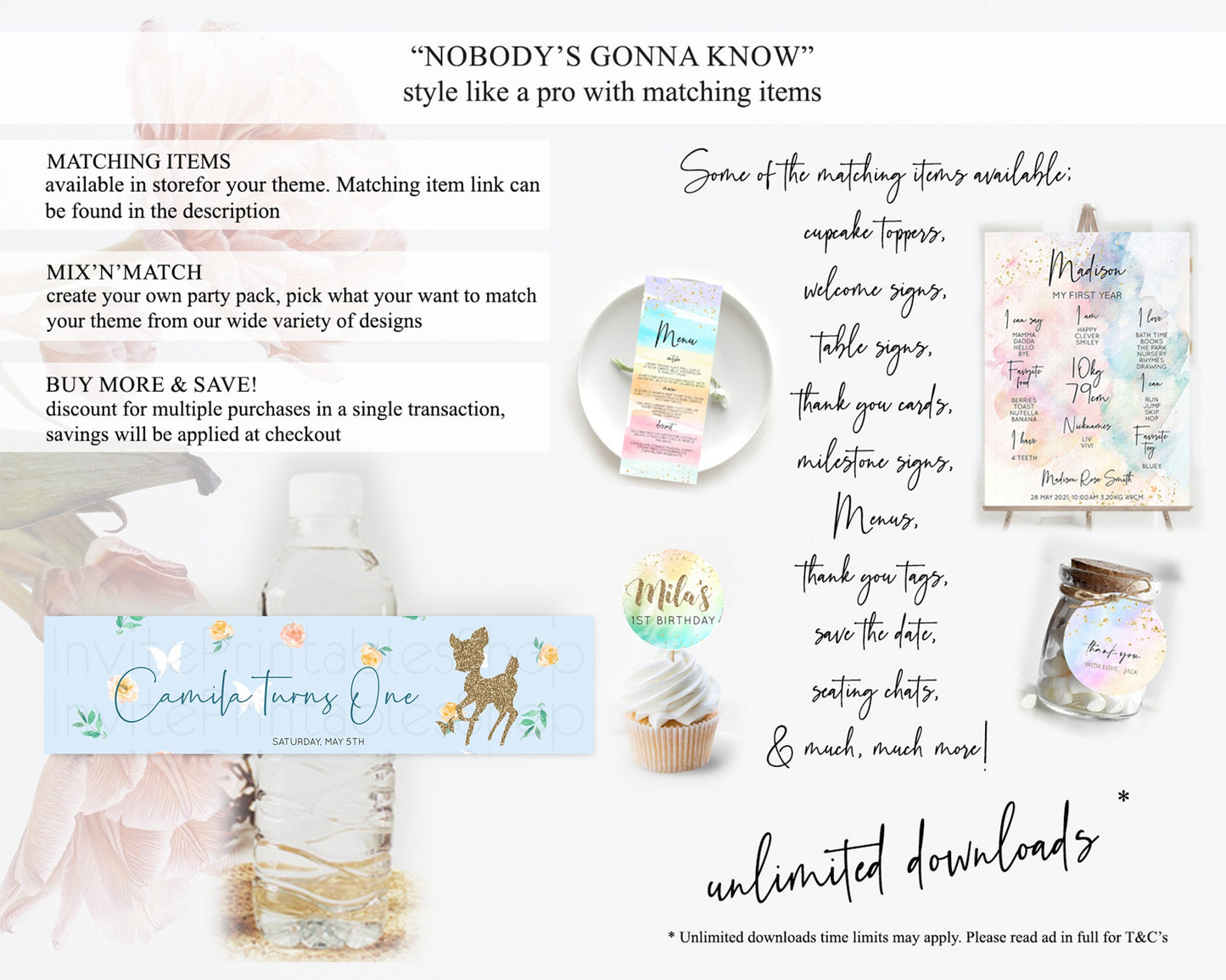 Fawn Deer Water Label Template Pastel Floral Deer Enchanted Forest Butterfly Party Decor Birthday Baptism Baby Shower Bridal Shower D10902