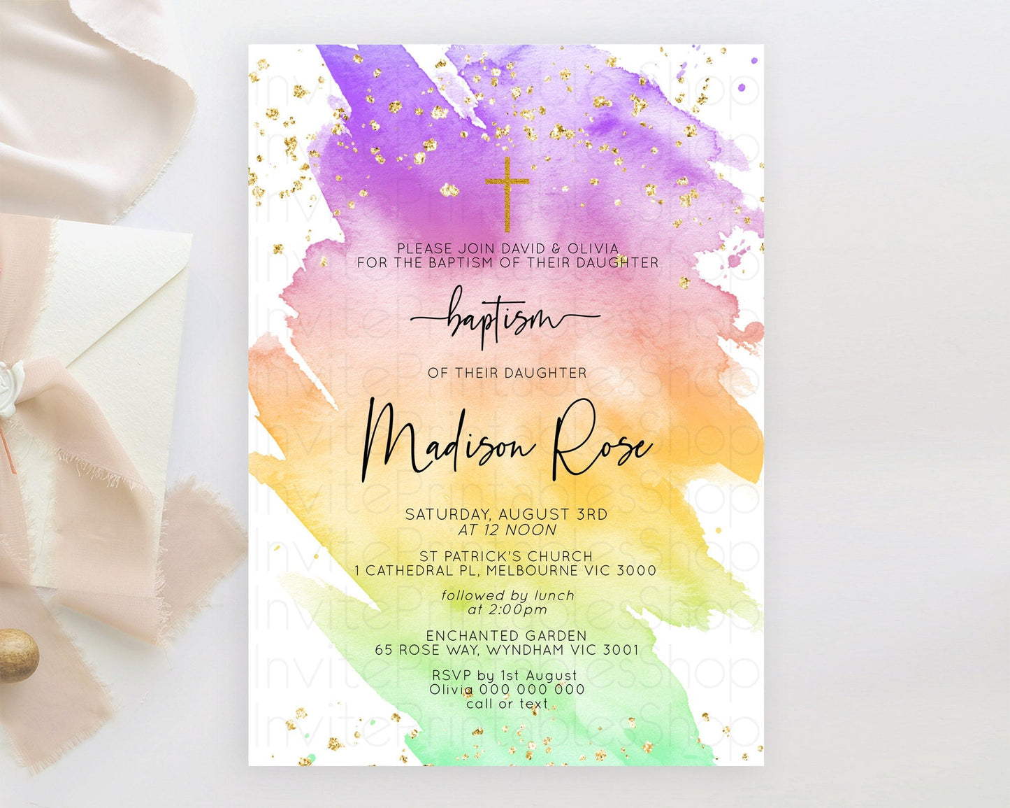 Pastel Baptism Invitation Pastel Colors Watercolor Baptism 1st Birthday Party Gold Ombre Pastel Rainbow Christening Holy Communion D10518