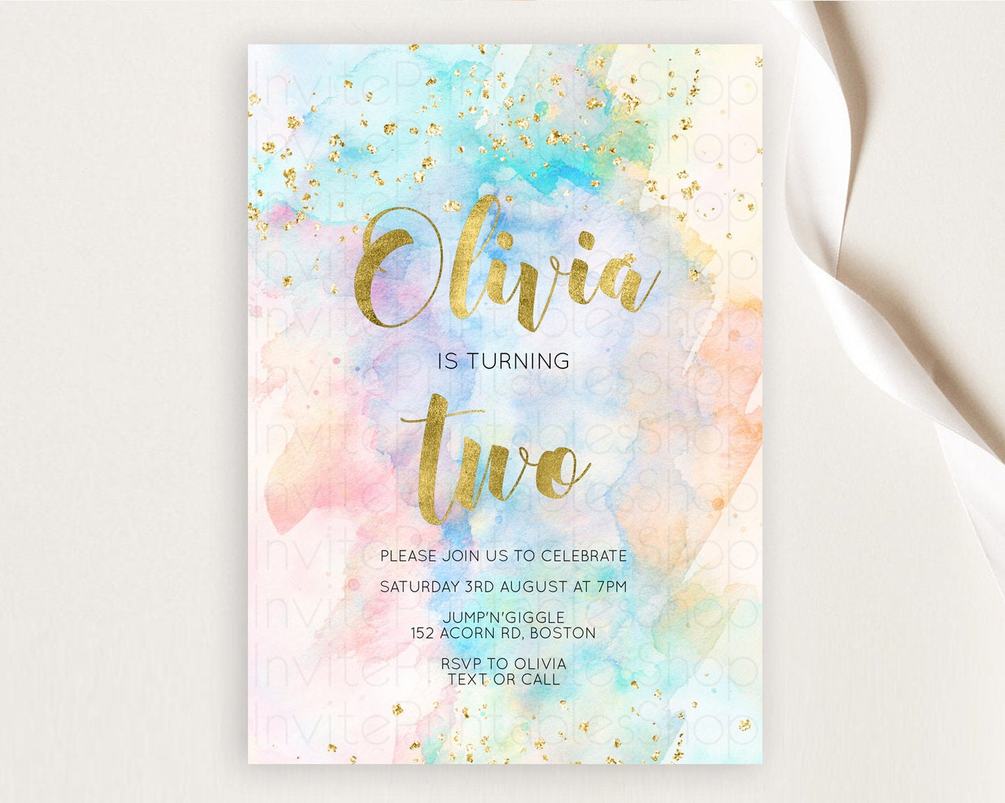 Rainbow Birthday Invitation Colorful Pastel Watercolor Invitation Gold Glitter Sprinkles Ombre Pastel 1st 2nd 3rd Birthday D10272