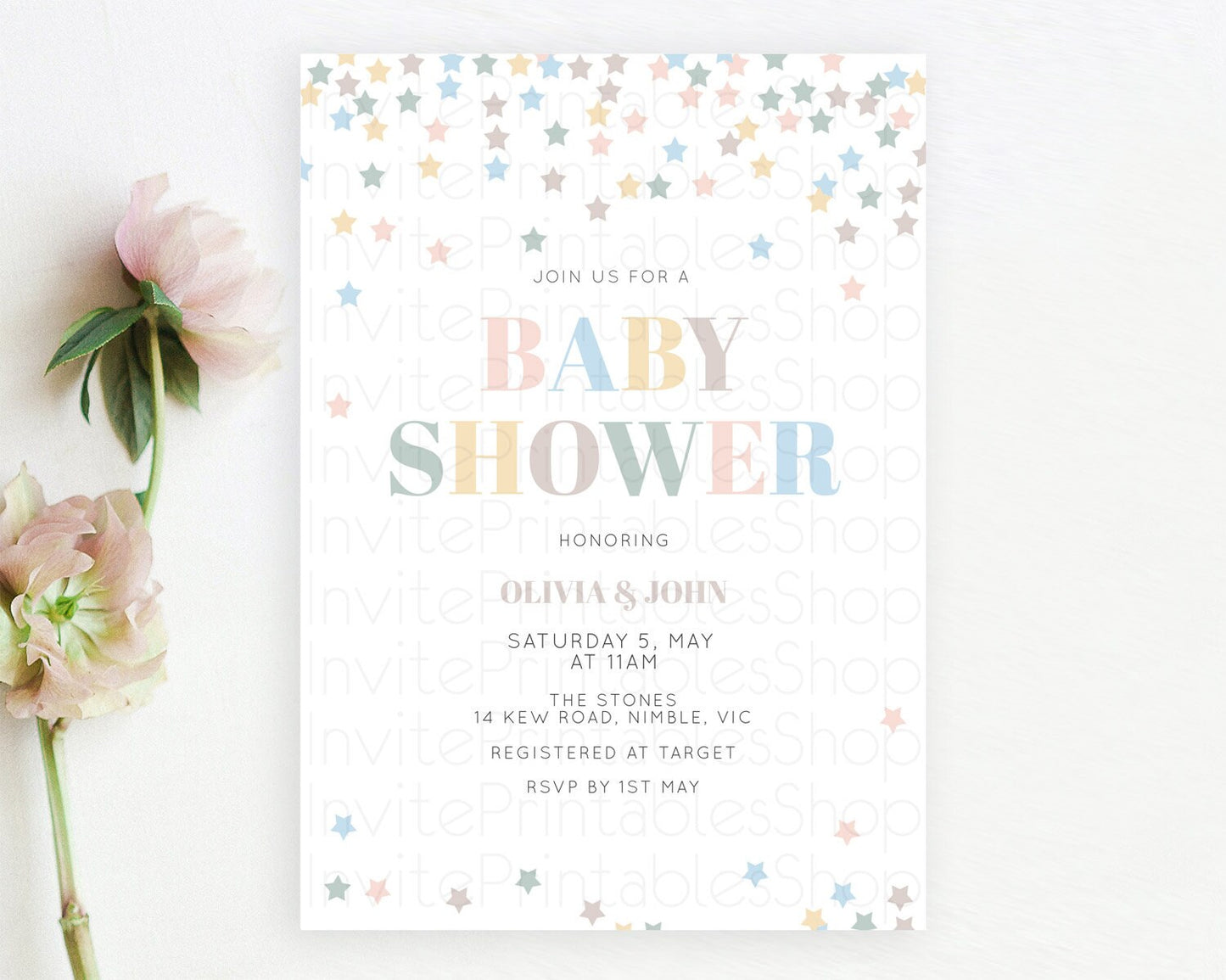 Twinkle Star Baby Shower Invitation, Pastel Rainbow Confetti, Sprinkle Stars with Soft Blue, Green, Brown, and Yellow Pink Tones D10795