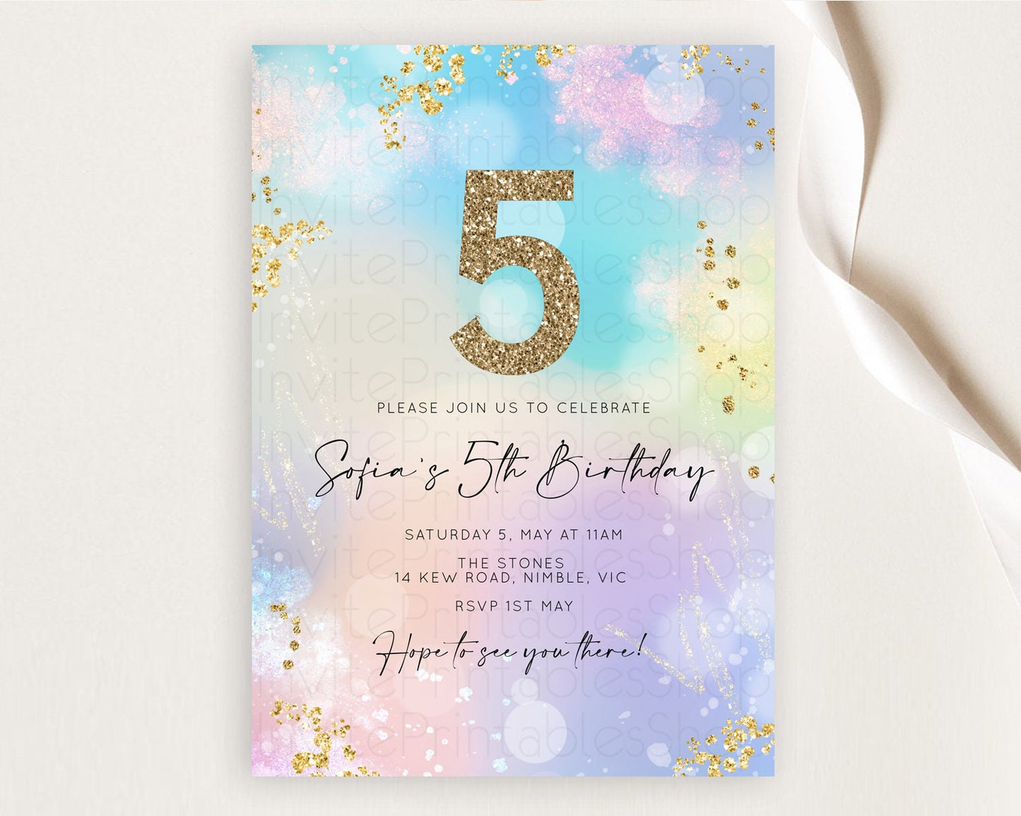 Rainbow Birthday Invitation Colorful Pastel Watercolor Invitation Gold Glitter Sprinkles Ombre Pastel 1st 2nd 3rd Birthday D10675