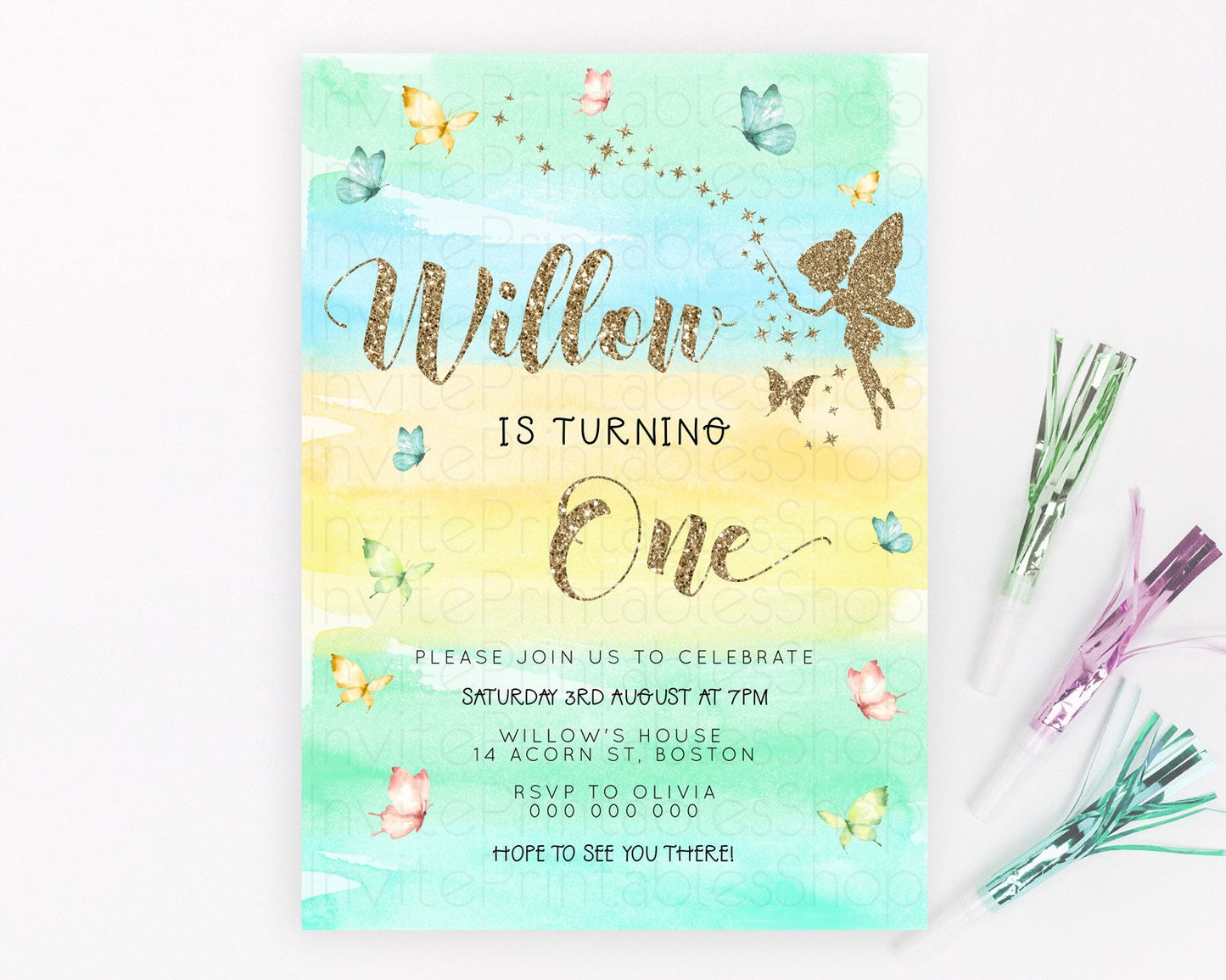 Pastel Fairy Birthday Invitation Pastel Butterflies Fairy Birthday Invitation Rainbow Ombre Watercolor 1st 2nd Birthday Invitation D23316
