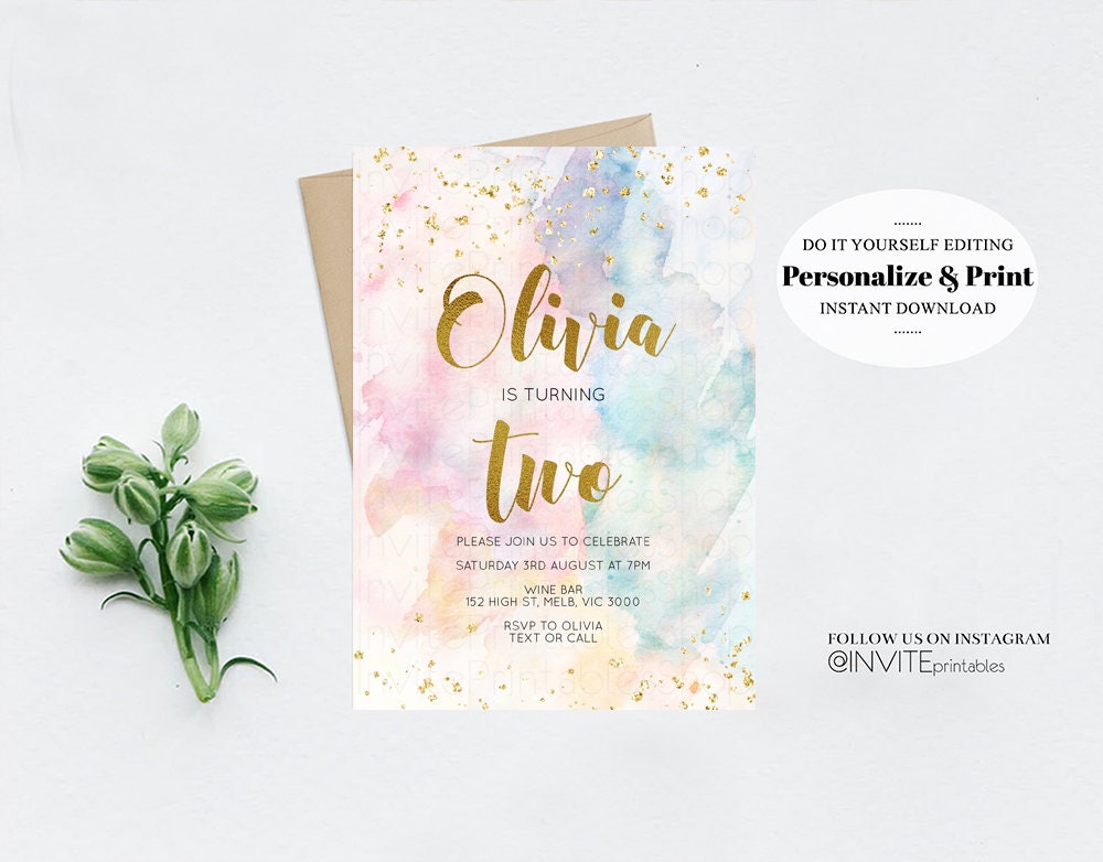 Rainbow Birthday Invitation Colorful Watercolor Gold Glitter Sprinkles Ombre Pastel Invitation 1st 2nd 3rd Printable Editable Invite 276