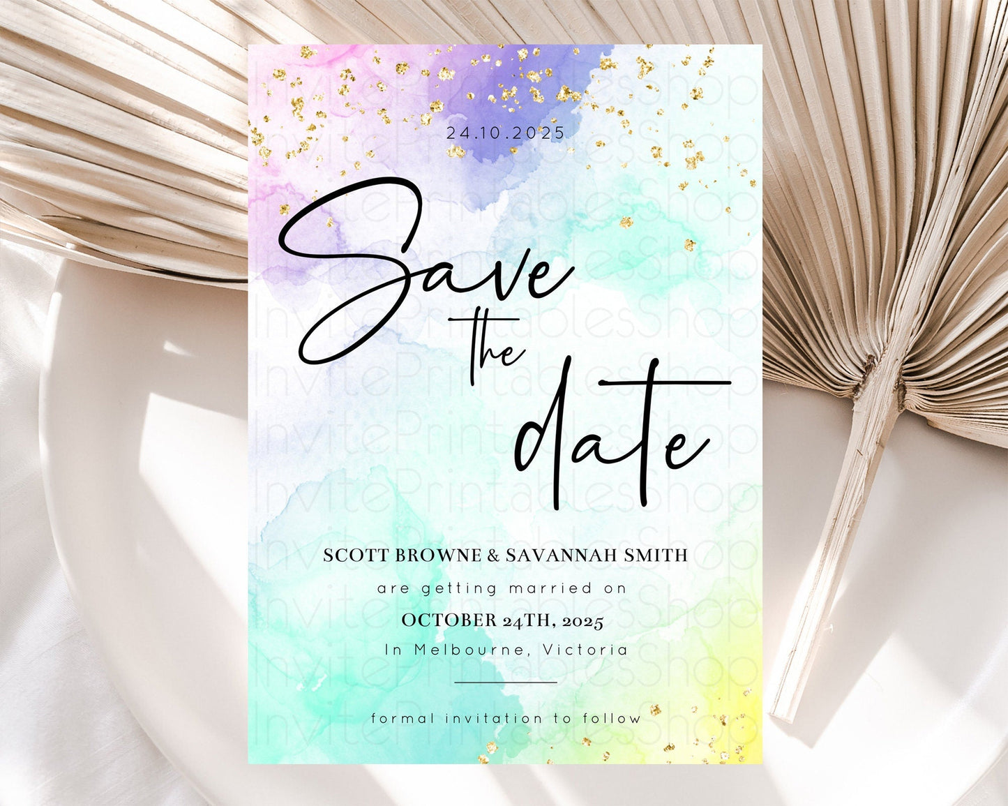 Pastel Save The Date Template Pastel Ombre Rainbow Watercolor Colorful Party For Birthday Baptism Baby Shower Wedding Bridal Shower D10158