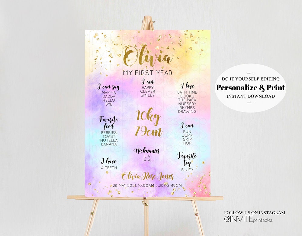 Pastel Rainbow Milestone Board Watercolor 1st Birthday Colorful Milestone Sign 1st birthday Milestone Poster Gold Glitter Baby Keepsake 499