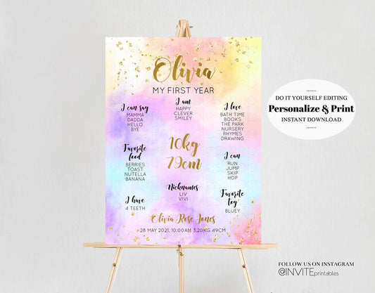 Pastel Rainbow Milestone Board Watercolor 1st Birthday Colorful Milestone Sign 1st birthday Milestone Poster Gold Glitter Baby Keepsake 499