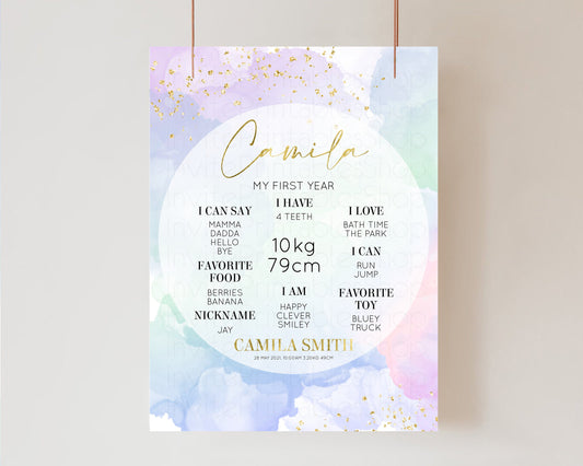Pastel First Birthday Milestone Board Pastel Rainbow Milestone Poster Watercolor Glitter One Year Poster Colorful Splash Baby 1st Year 599v2