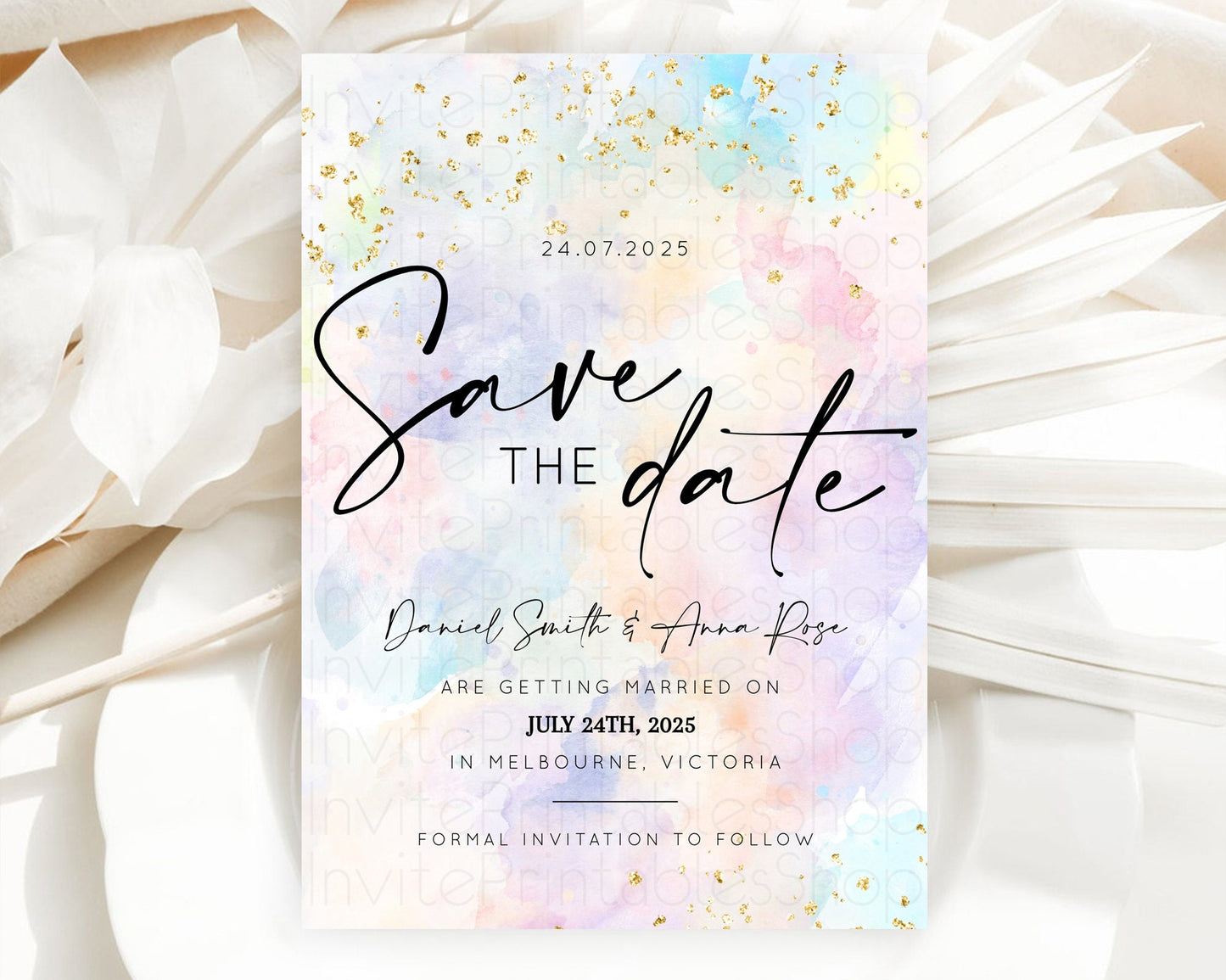 Pastel Save The Date Template Pastel Ombre Rainbow Watercolor Colorful Party For Birthday Baptism Baby Shower Wedding Bridal Shower D10605