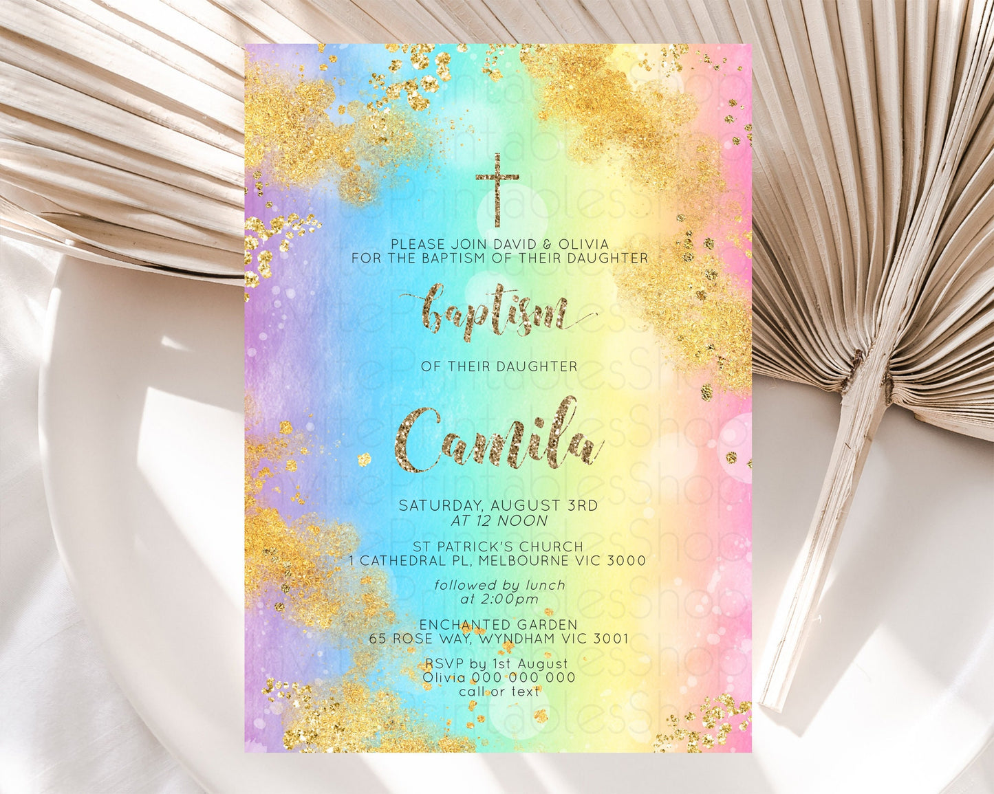 Pastel Baptism Invitation Pastel Colors Watercolor Baptism 1st Birthday Party Gold Ombre Pastel Rainbow Christening Holy Communion D10561