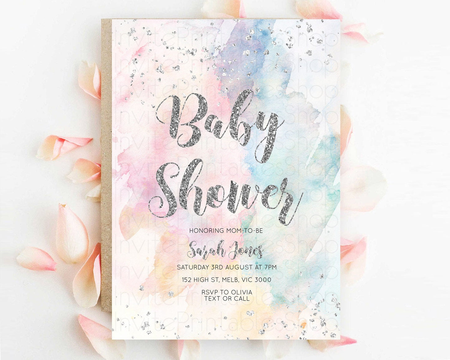 Pastel Baby Shower Invitation Pastel Rainbow Baby Invitation Pastel Watercolor Invitation Colorful Ombre Silver Glitter Sprinkle D10944