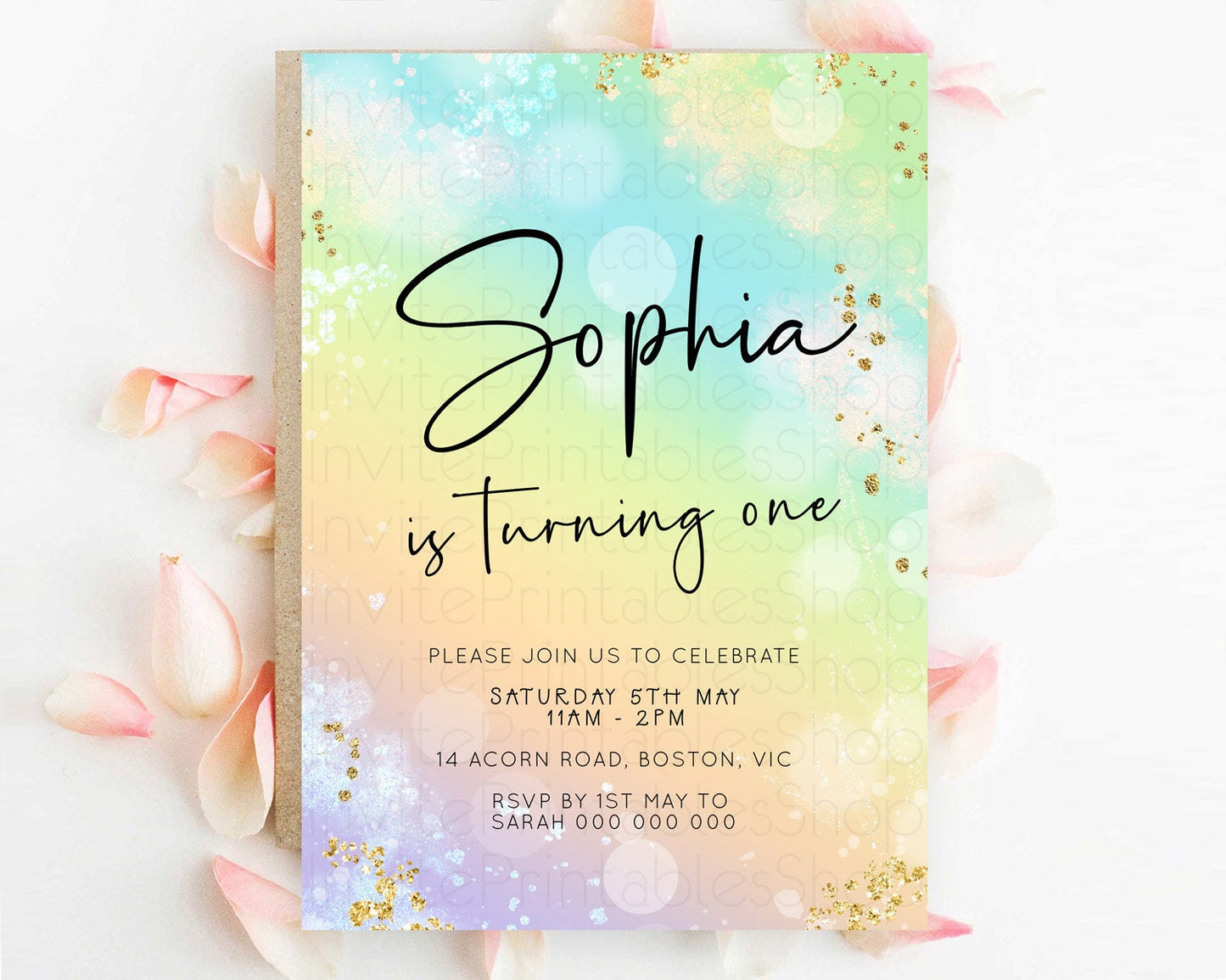 Pastel Birthday Invitation Ombre Watercolor Birthday Invitation Glitter Rainbow Color Splash 1st 2nd 3rd Birthday Invitation D23101