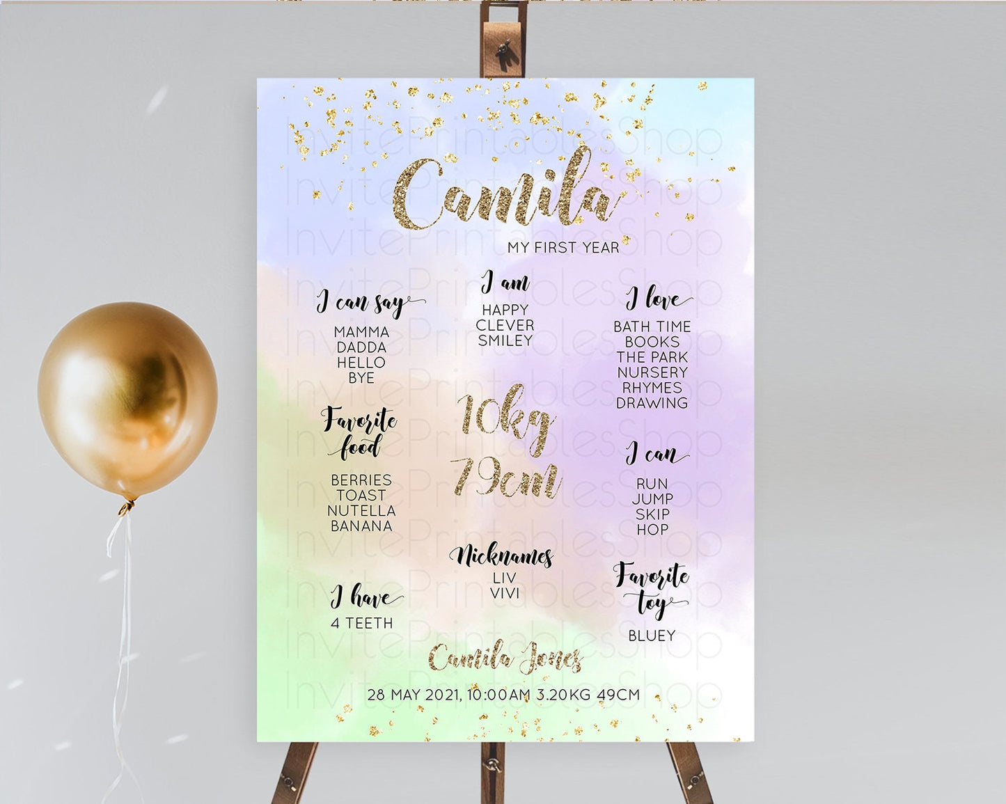 Pastel First Birthday Milestone Board Pastel Rainbow Milestone Poster Colorful Confetti Watercolor Glitter 1st Birthday Welcome Sign D10372
