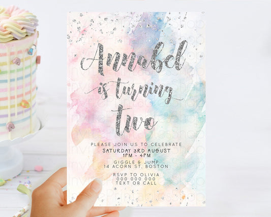 Editable Rainbow Birthday Invitation Colorful Pastel Watercolor Silver Glitt