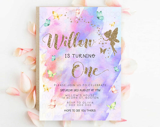 Pastel Fairy Birthday Invitation Pastel Butterflies Fairy Birthday Invitation Rainbow Ombre Watercolor 1st 2nd Birthday Invitation D23341