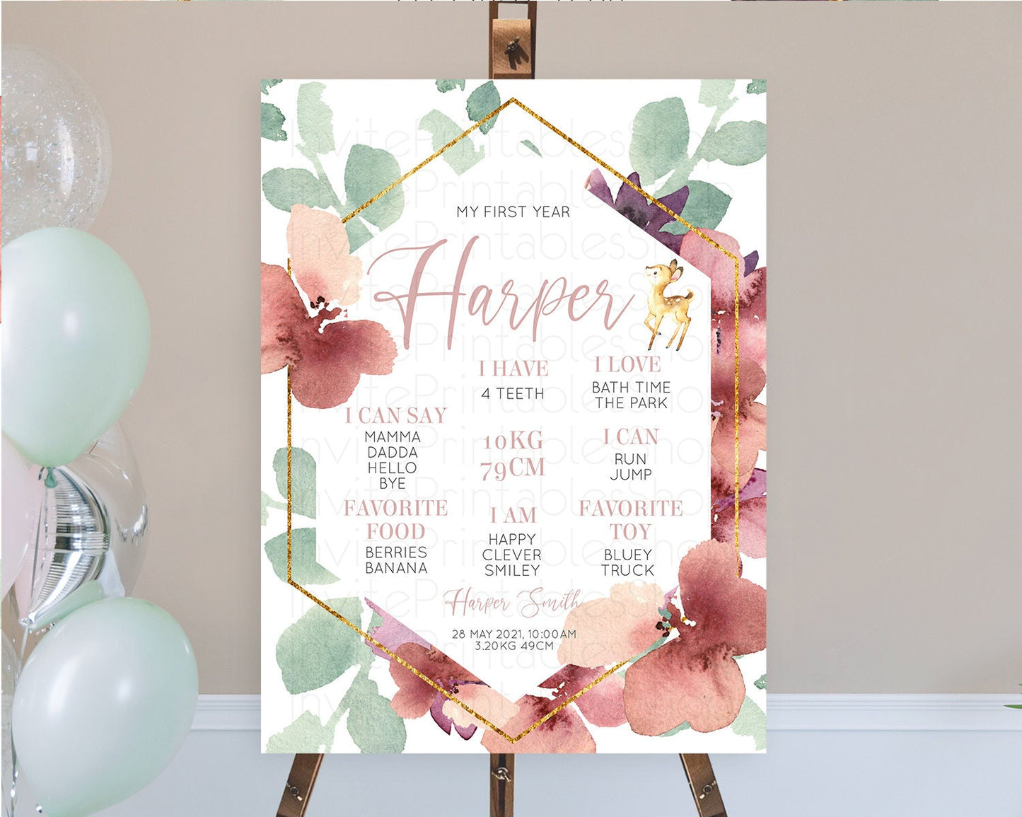 Fawn First Birthday Milestone Board Deer First Birthday Milestone Poster Enchanted Forest Butterfly Pastel Flowers 1st Birthday Sign D10915