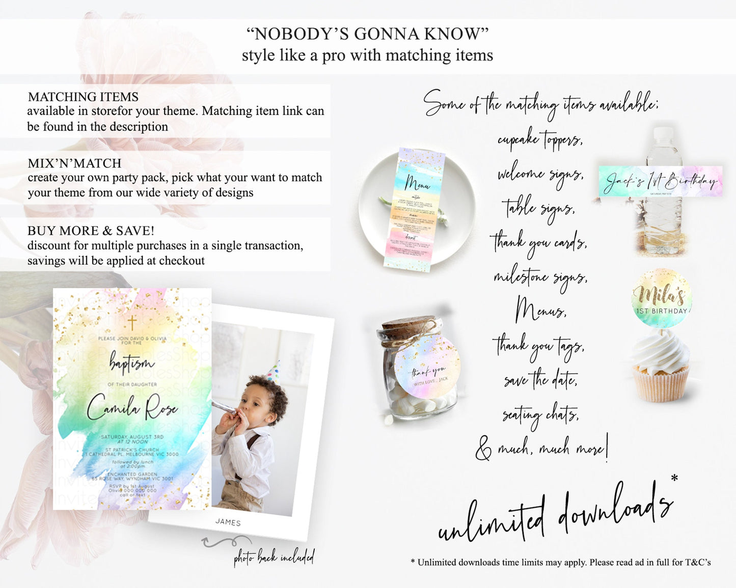 Pastel Baptism Invitation Pastel Colors Watercolor Baptism 1st Birthday Party Gold Ombre Pastel Rainbow Christening Holy Communion D10256