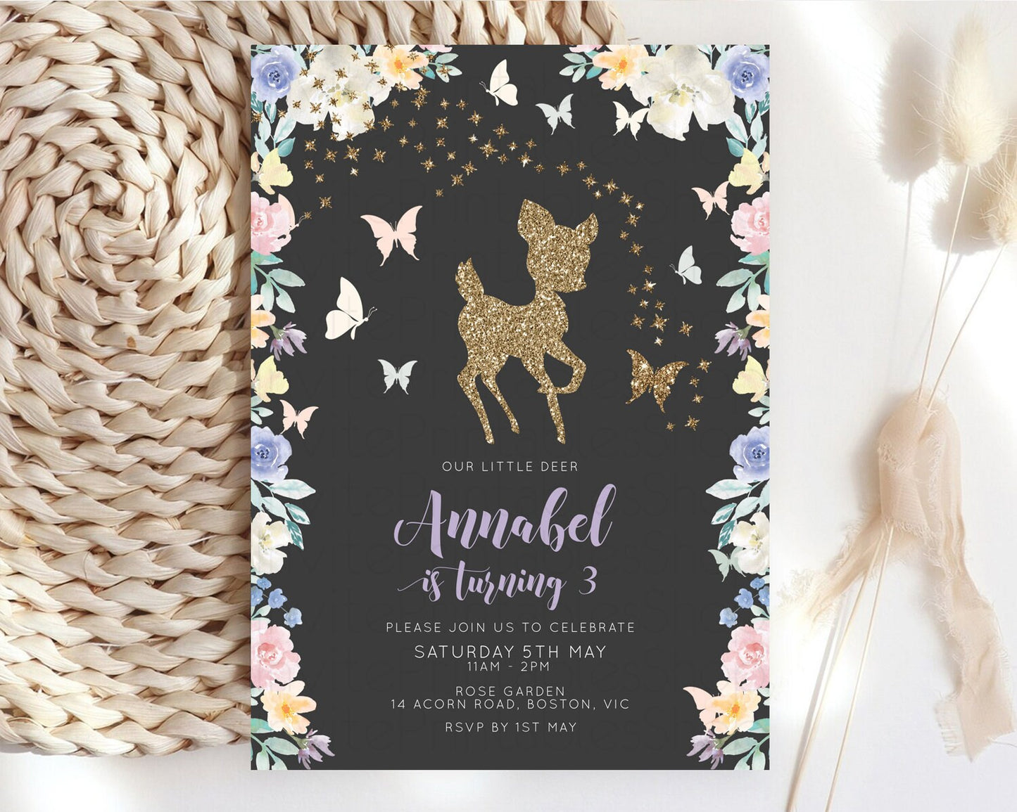 Fawn Birthday Invitation Deer Birthday Invitation Enchanted Forest Party Butterfly Pastel Flowers Whimsical 2nd 1st First Birthday D10880