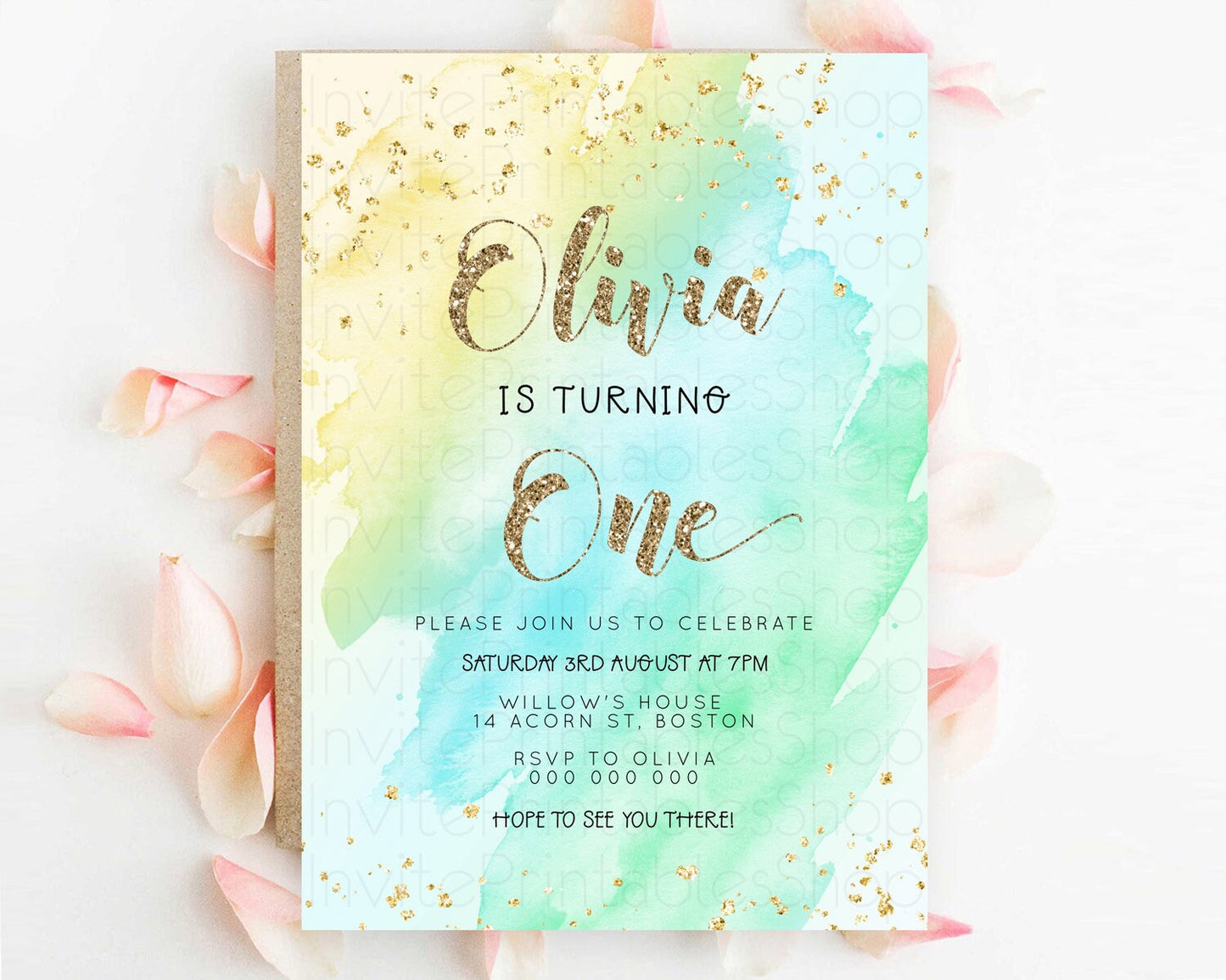 Rainbow Birthday Invitation Colorful Pastel Watercolor Invitation Gold Glitter Sprinkles Ombre Pastel 1st 2nd 3rd Birthday D23289